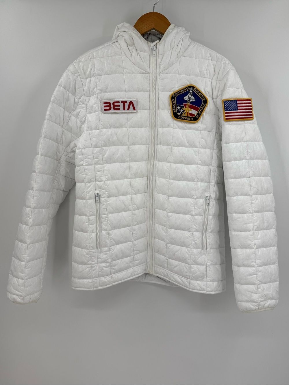 Betabrand Limited Edition Space Puffer Jacket with Patches | White | Large